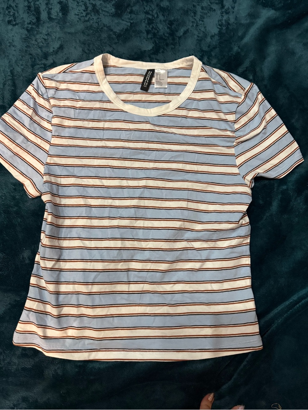 H&M Striped Crewneck Tee in Light Blue, Brown and White